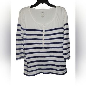Old Navy White & Blue Nautical Striped Henley 3/4   Sleeve Top Size Large